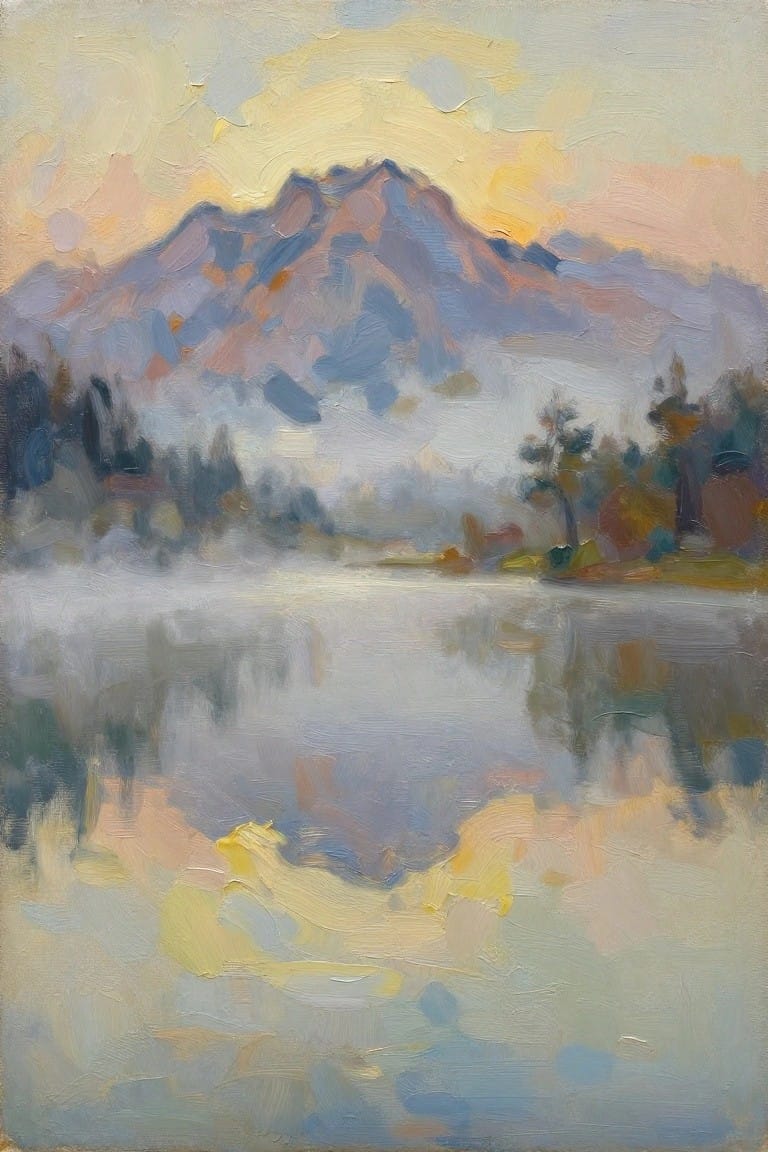Impressionistic painting of misty mountains reflected in a calm hazy lake at dawn