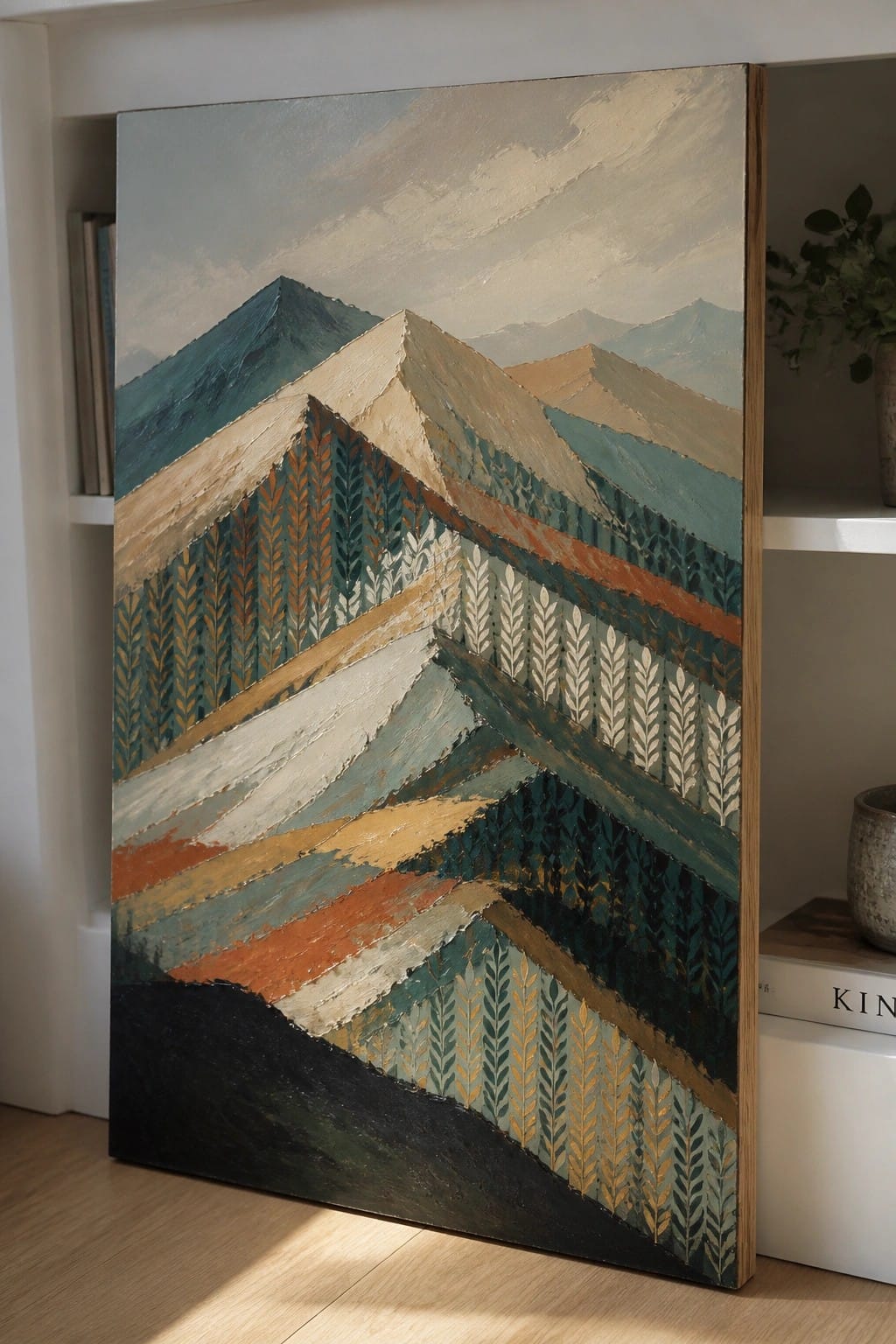 Abstract mountain landscape painting with layered colorful tree patterns leaning against white shelves.