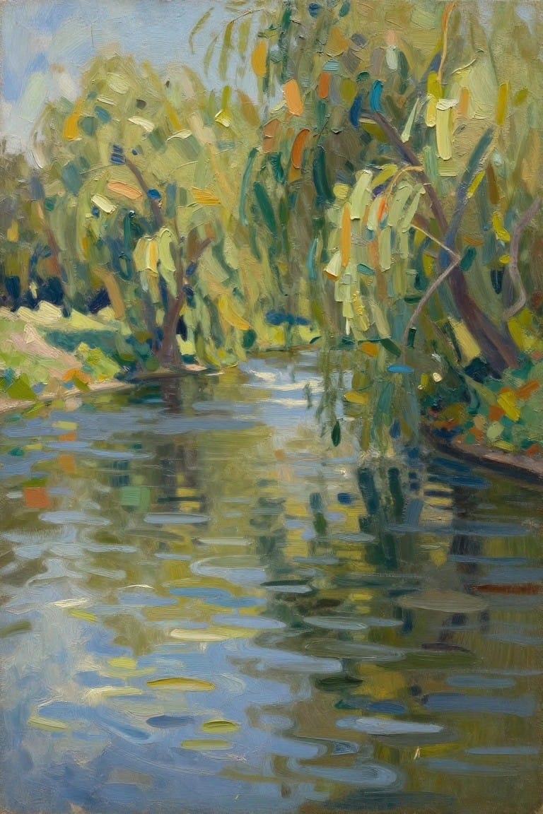 Impressionistic oil painting of colorful trees reflected in a rippling river.