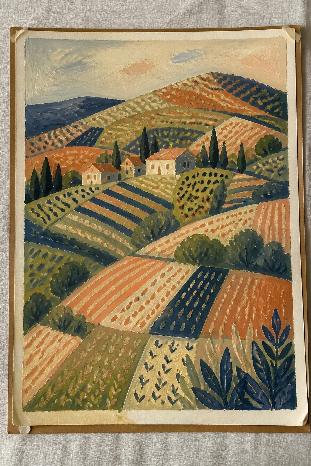 Vibrant painting of rolling hills with colorful patchwork fields, houses, and cypress trees.