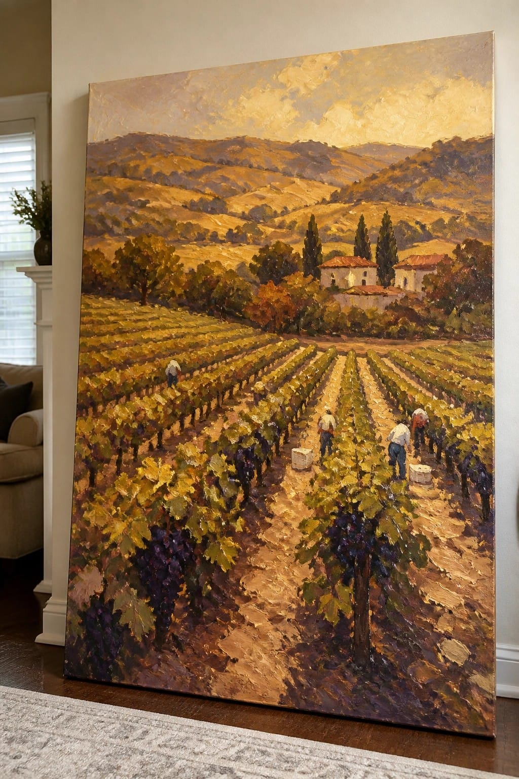 Impressionistic oil painting of grape harvesters amid golden autumn vineyard hills and villas