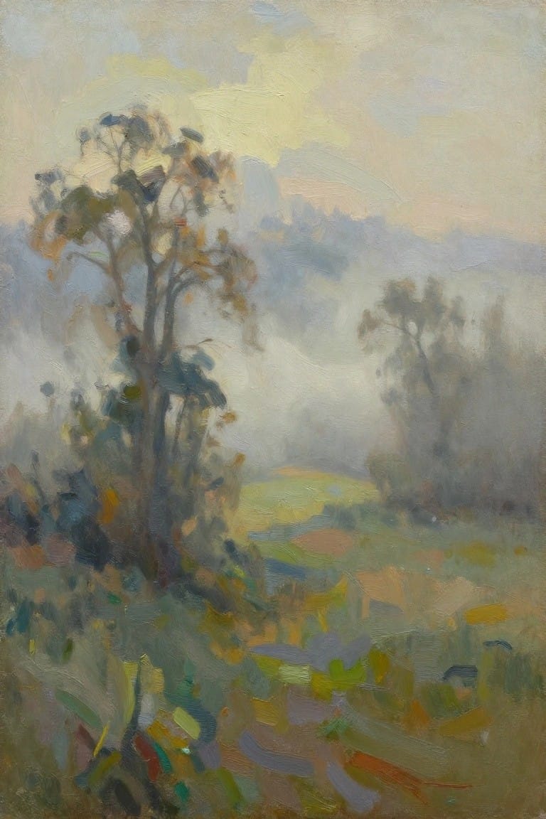 Impressionist landscape with tall trees, colorful fields, and misty atmospheric hills