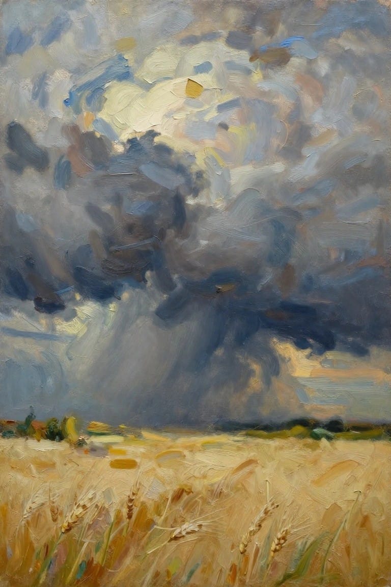 Thickly painted golden wheat field beneath dramatic swirling storm clouds