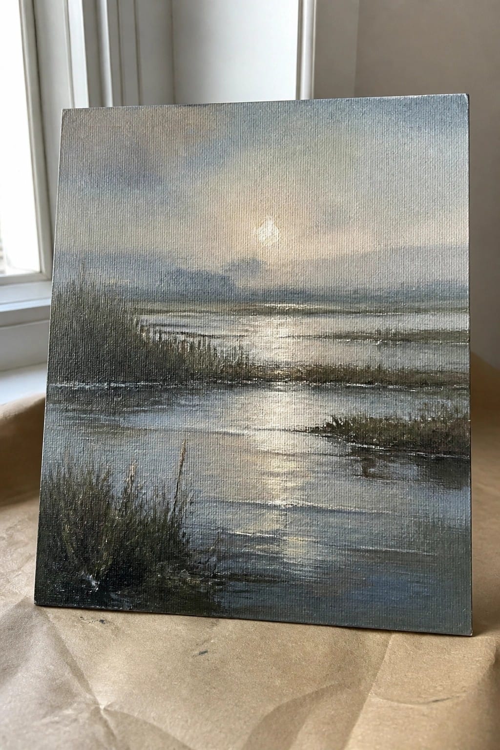 Serene marshland painting with sun reflecting on misty water amid reeds and distant hills.