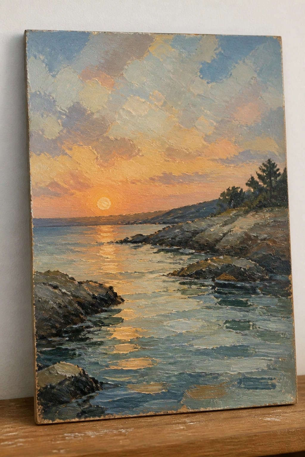 Impressionistic oil painting of sunset over rocky coastline with sun reflecting on water.