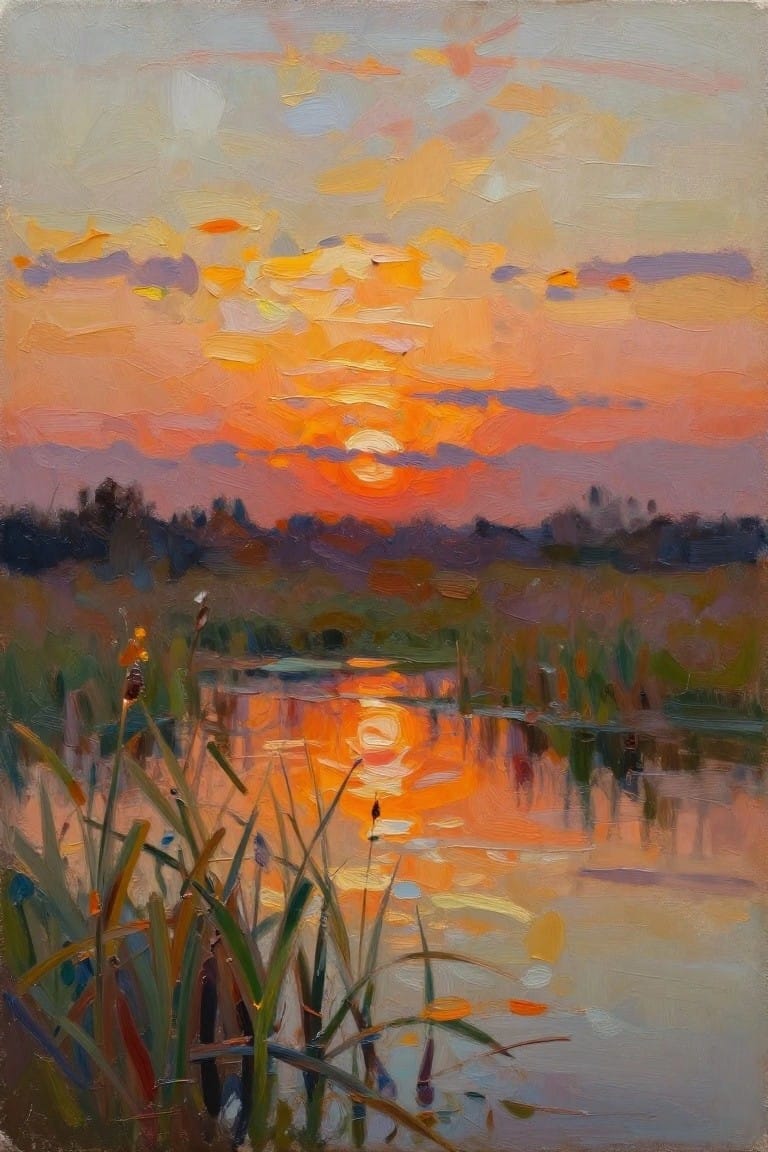 An impressionist oil painting shows a vibrant sunset over a calm pond with tall reeds in the foreground and the sun's reflection on the water.