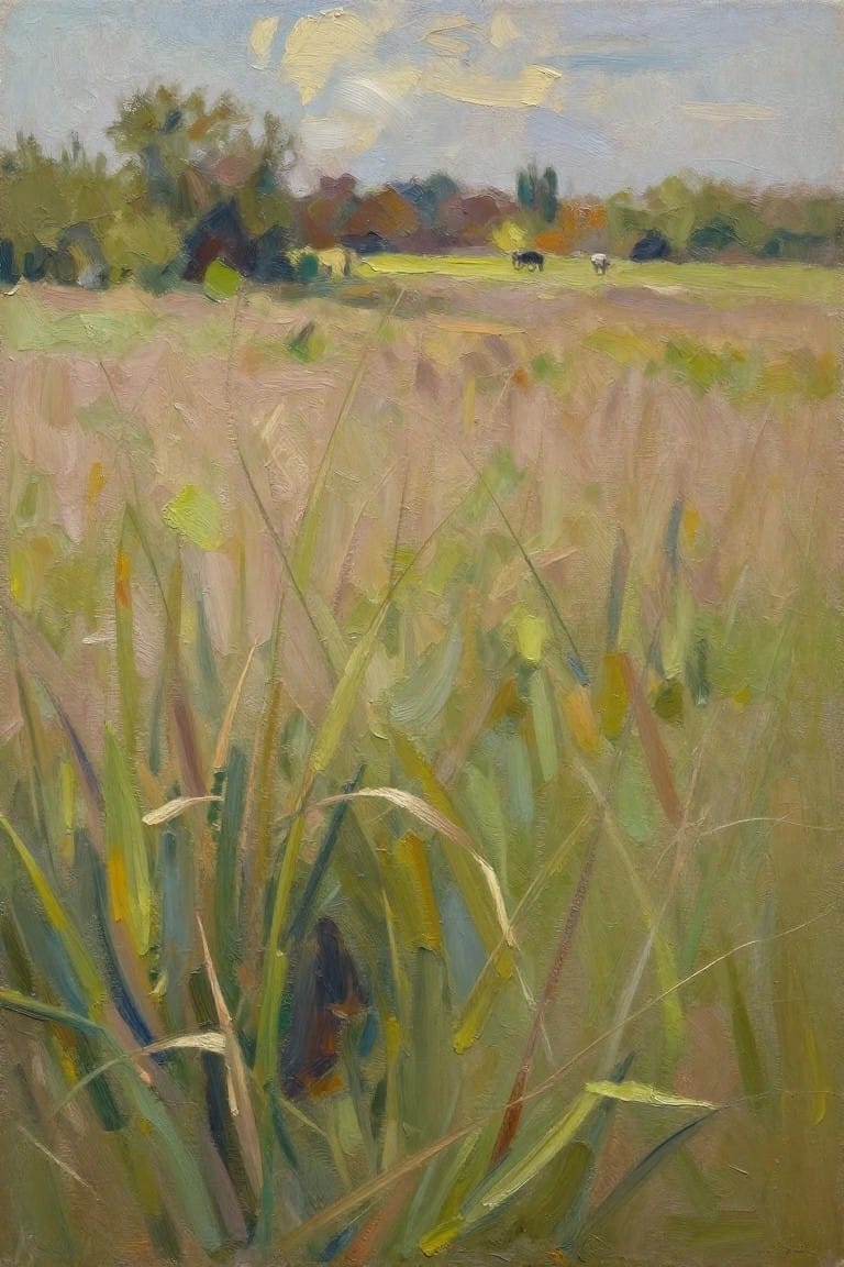 An oil painting of tall grass and reeds in the foreground with a meadow, trees, and two cows visible in the distance under a cloudy sky.