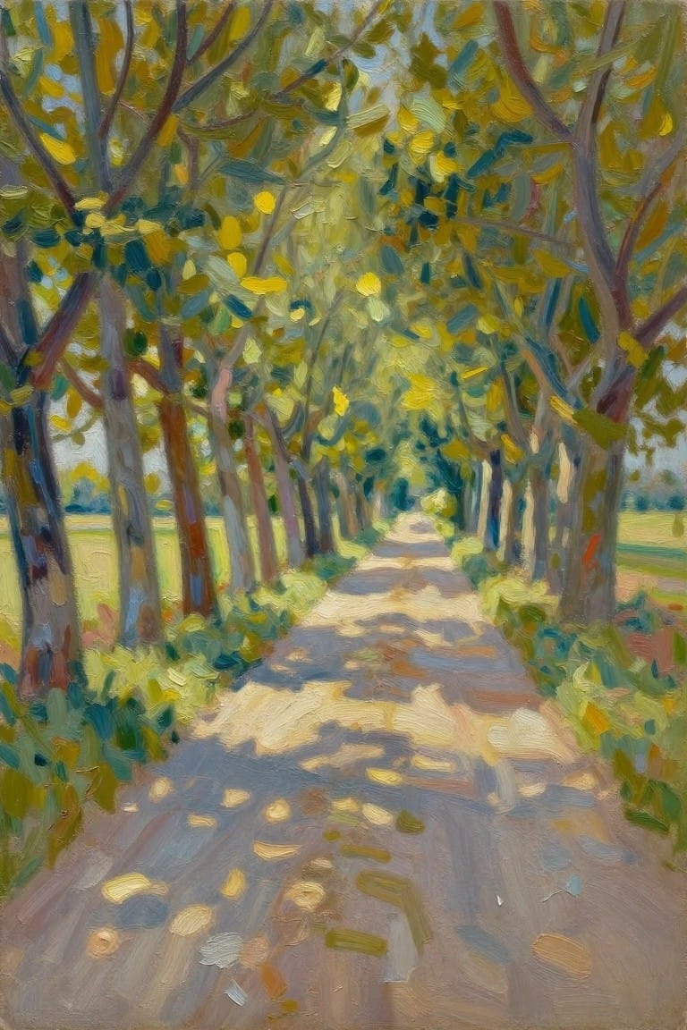 Sun-dappled path winding through tall trees with vibrant green and yellow foliage.