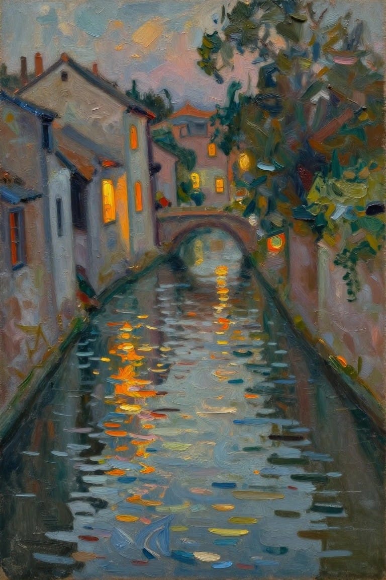 Impressionistic painting of a canal at dusk with glowing light reflections and arched bridge.