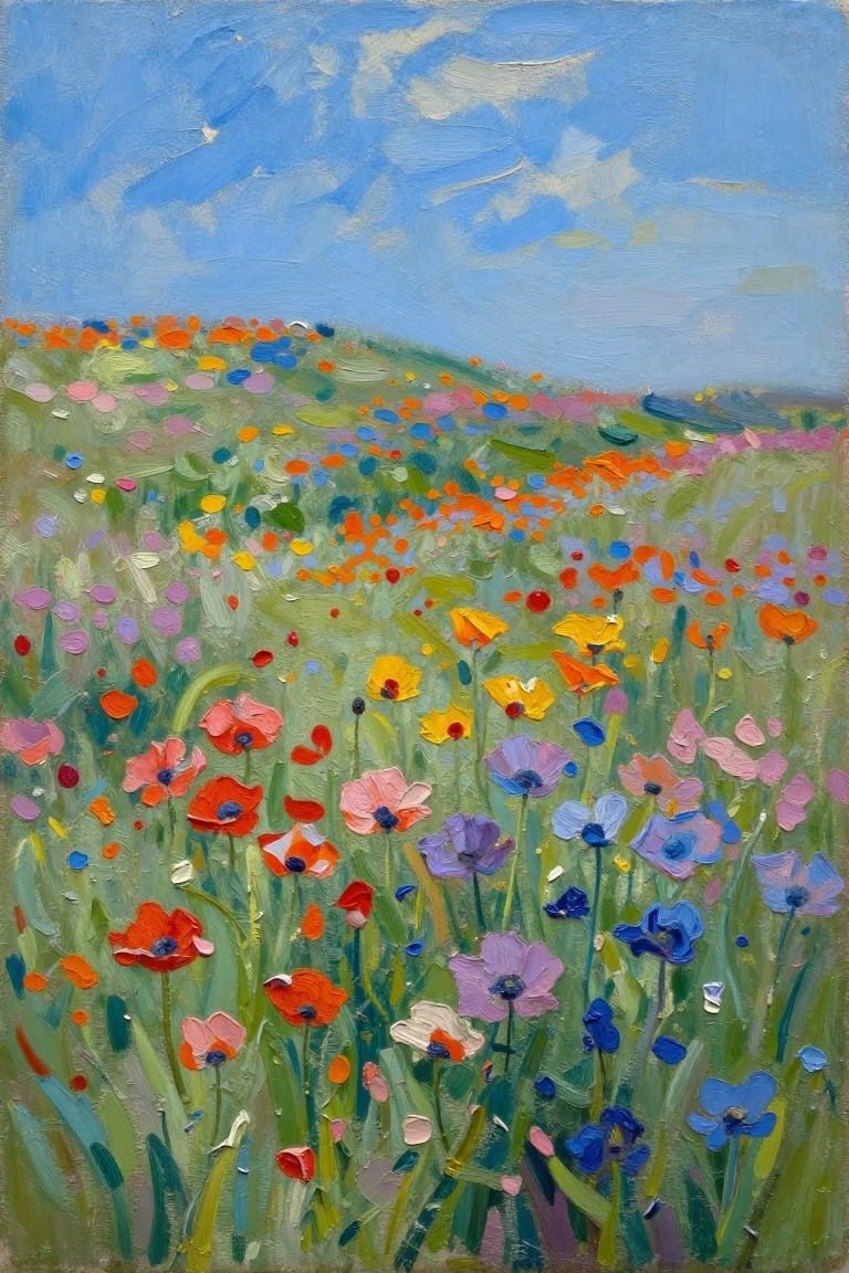 Vibrant wildflower meadow with red poppies and colorful blooms under blue sky
