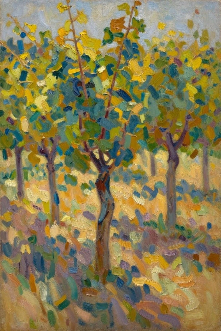 An impressionist oil painting showing several trees with yellow, green, and blue foliage on a light background with colorful brushstrokes covering the ground.