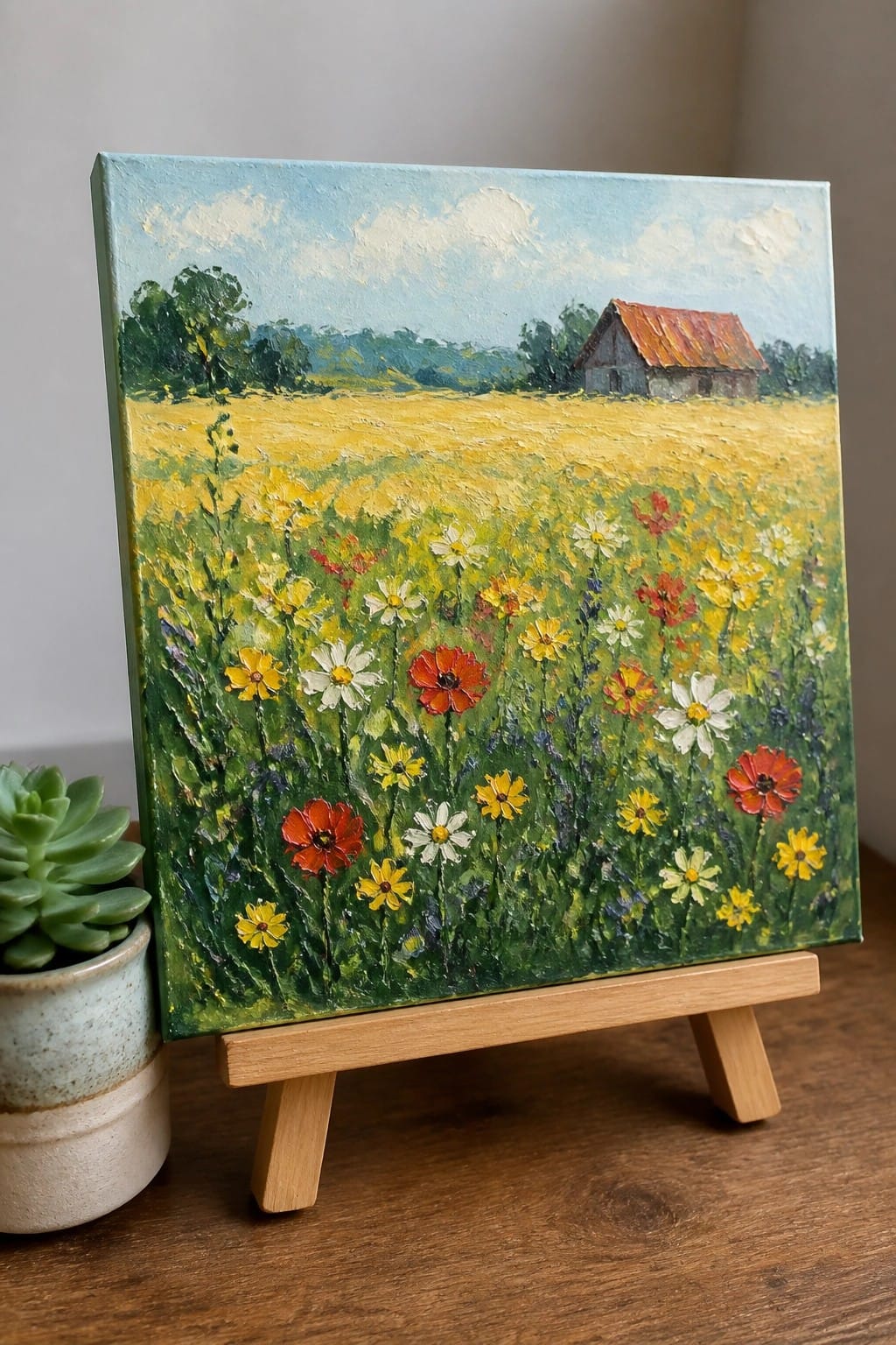 Thickly textured painting of wildflower meadow with red barn on wooden easel beside succulent