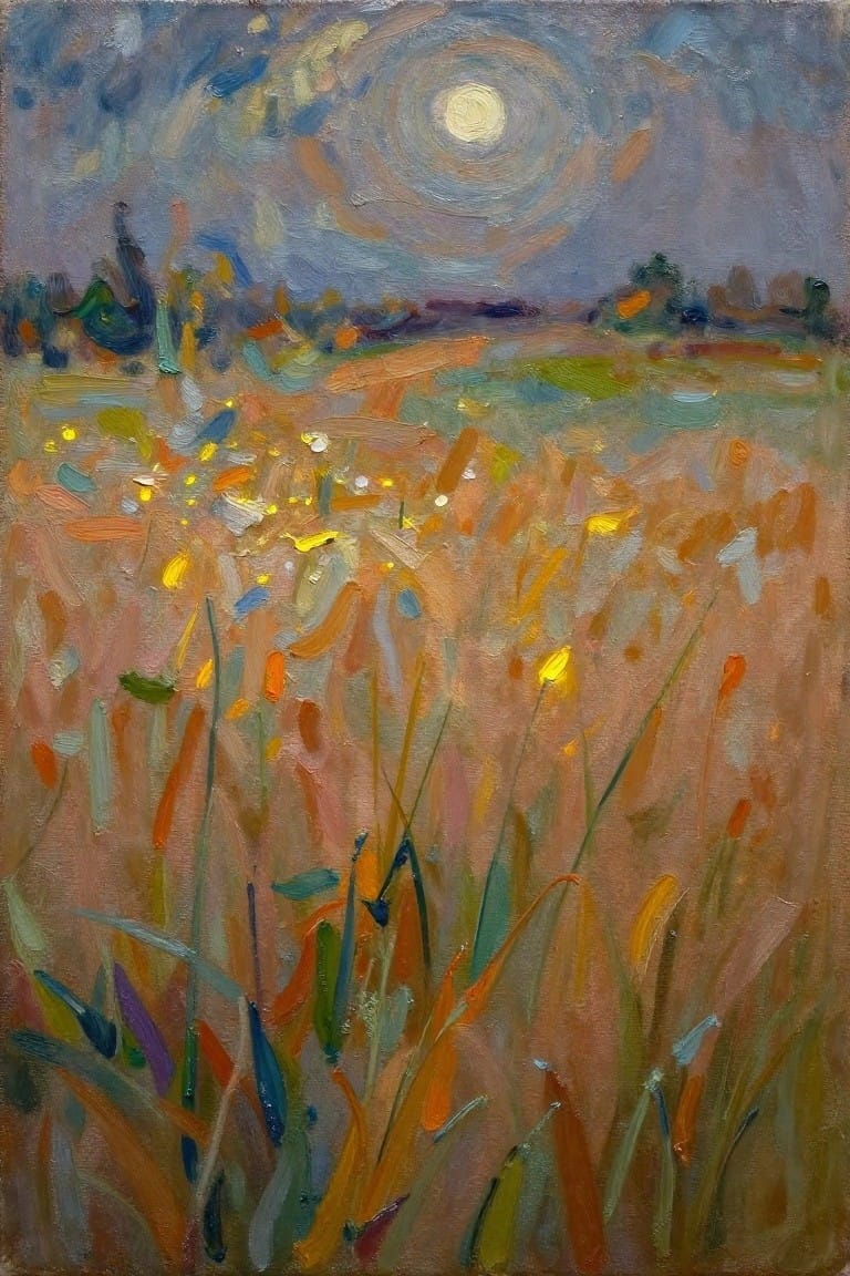 Impressionistic landscape of vibrant wildflower field under swirling sky with glowing sun