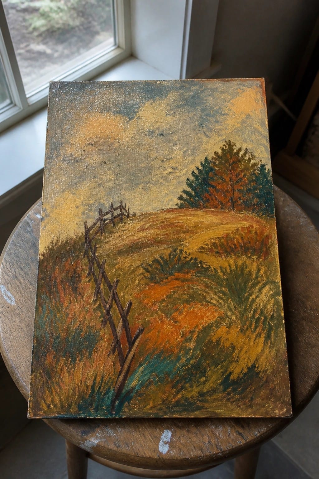 Autumn landscape painting with fence, trees on wooden stool near window