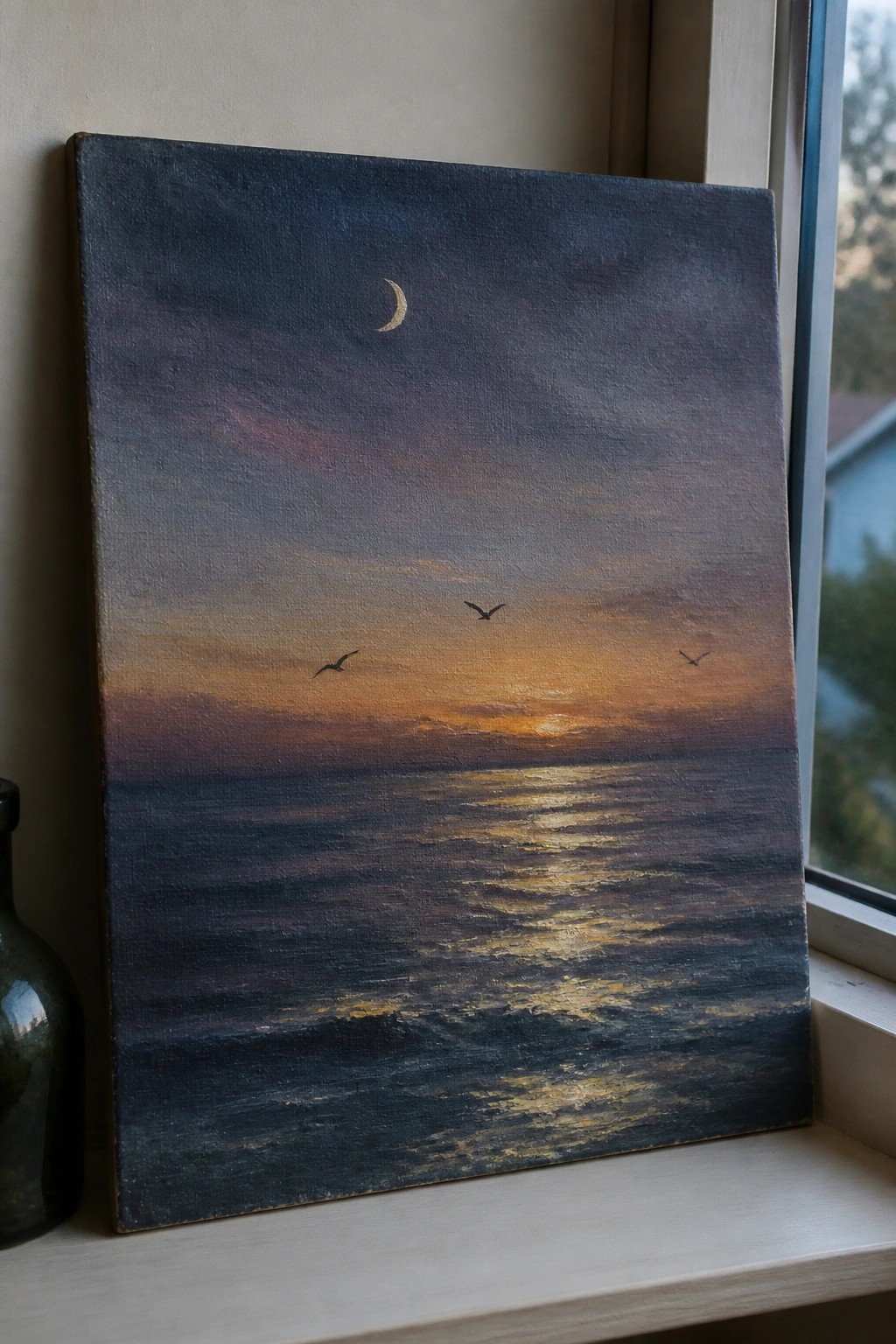 Painting of sunset over sea with crescent moon, birds, and golden reflections on windowsill