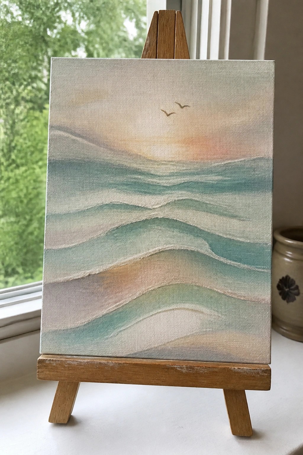 A small canvas on a wooden easel displays a soft seascape with horizontal teal and beige wave layers beneath a pale sunset sky containing two small birds.