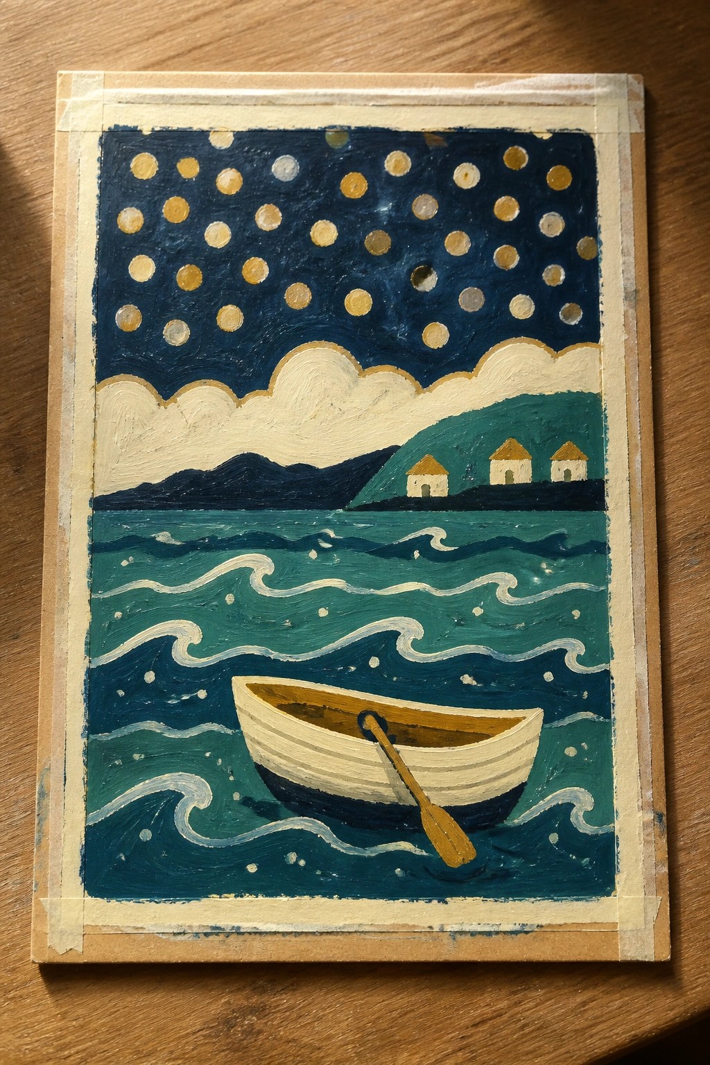 Starry night sky over wavy teal sea with white boat and hilltop houses.