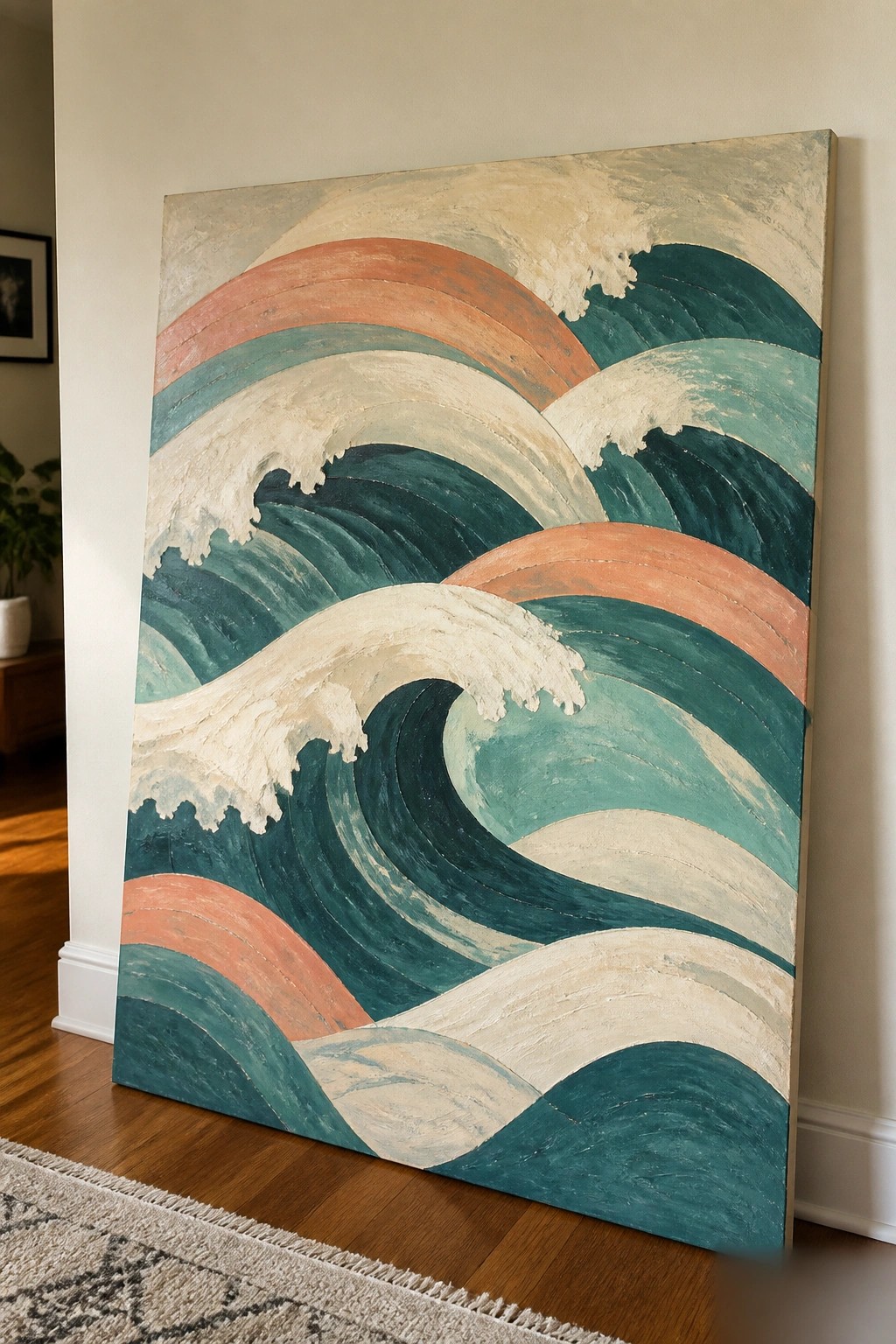 Large abstract painting of teal coral waves with white crests leaning on wall
