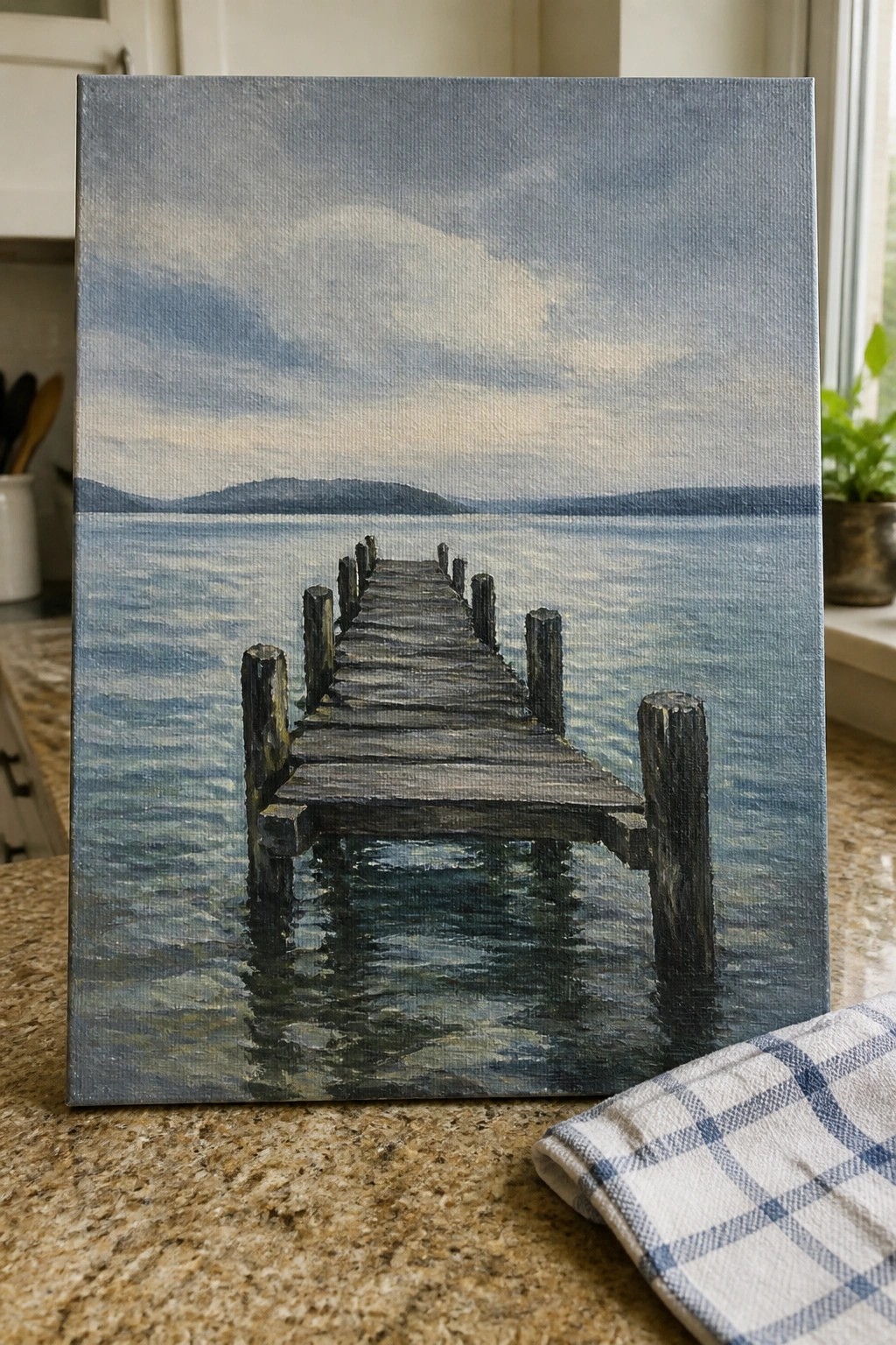 Oil painting of wooden pier over calm water on granite countertop with checkered cloth