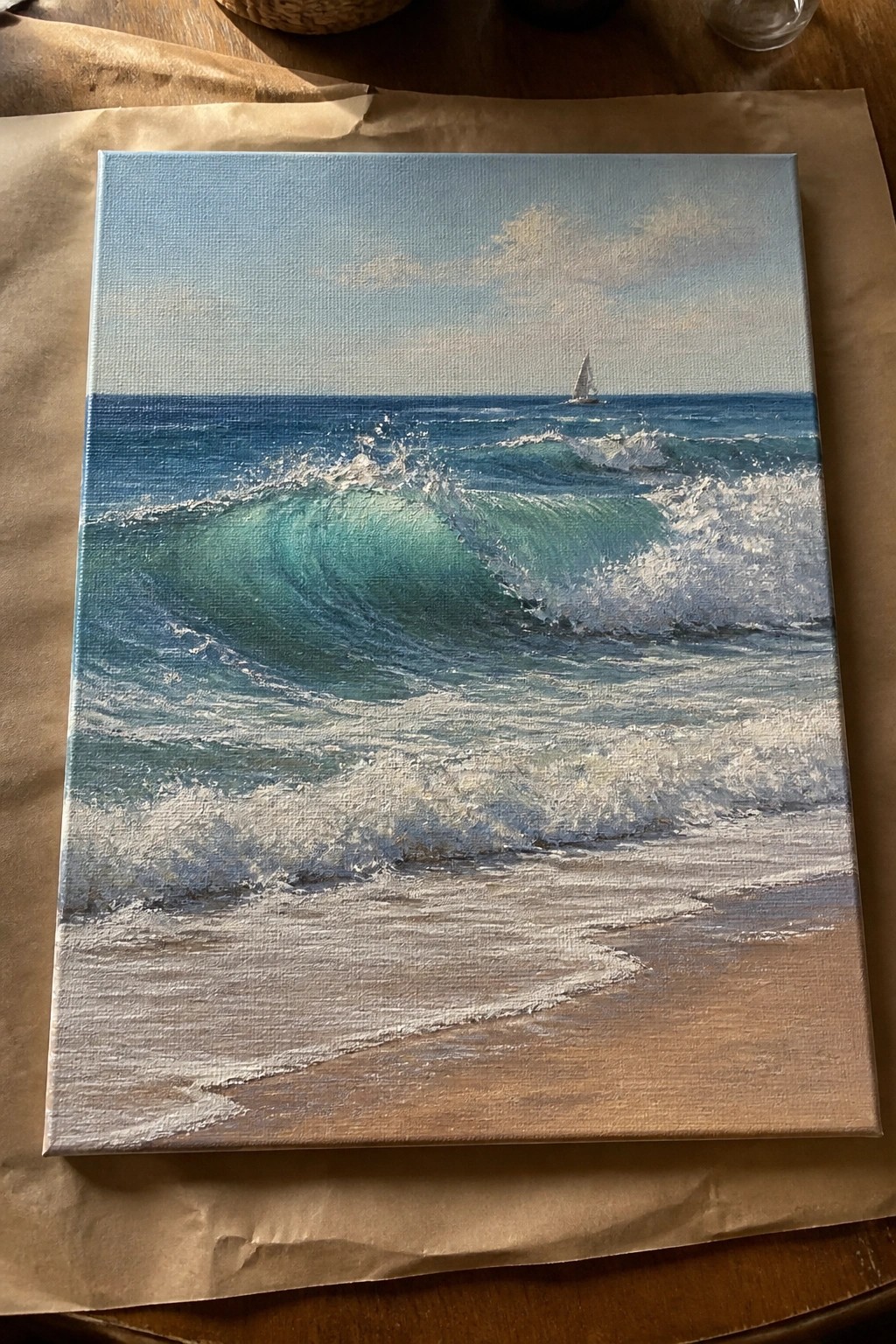 Realistic painting of turquoise waves crashing with white foam on sandy beach under blue sky with distant sailboat.