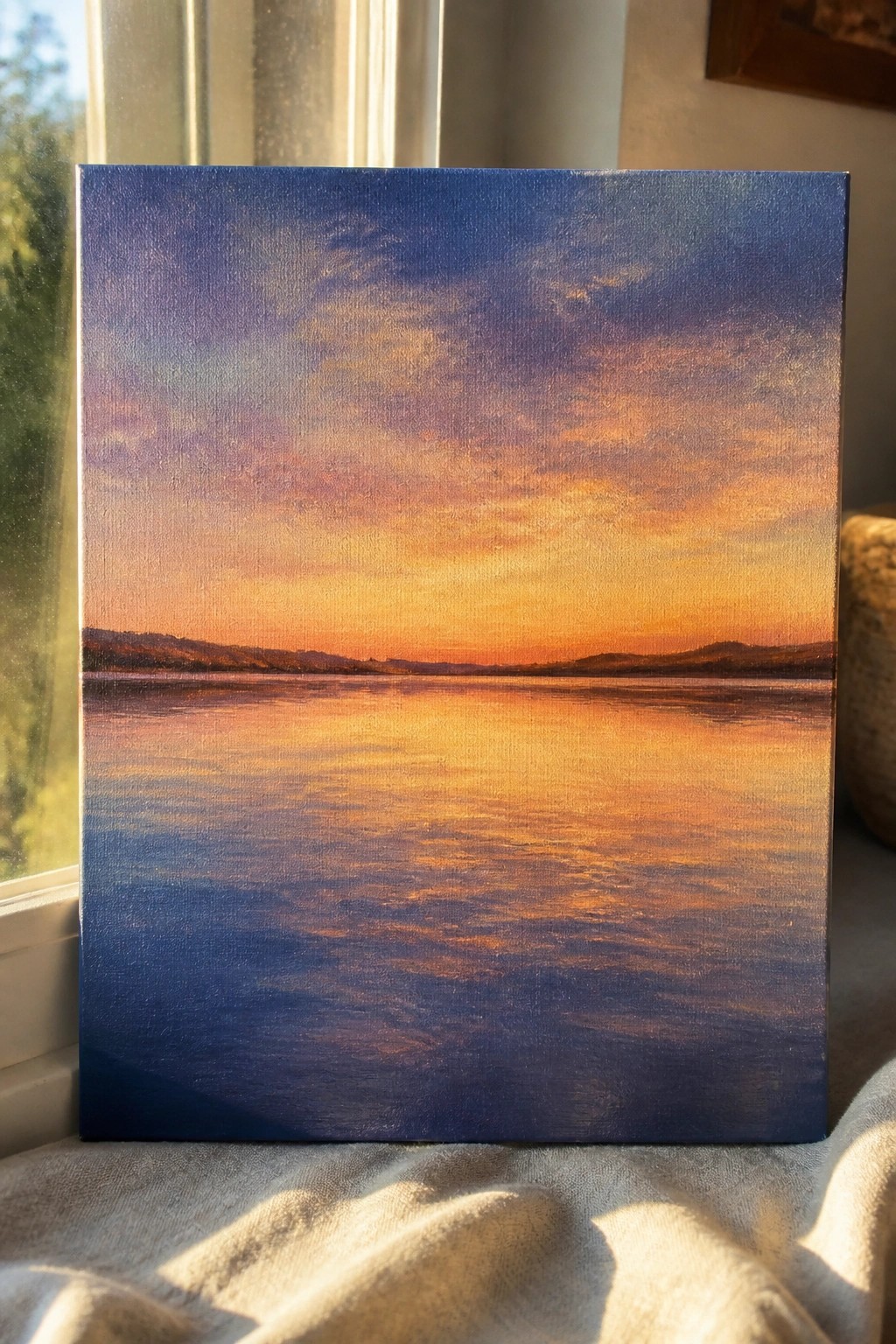 Painting of vibrant sunset over calm reflective water with distant hills on canvas.