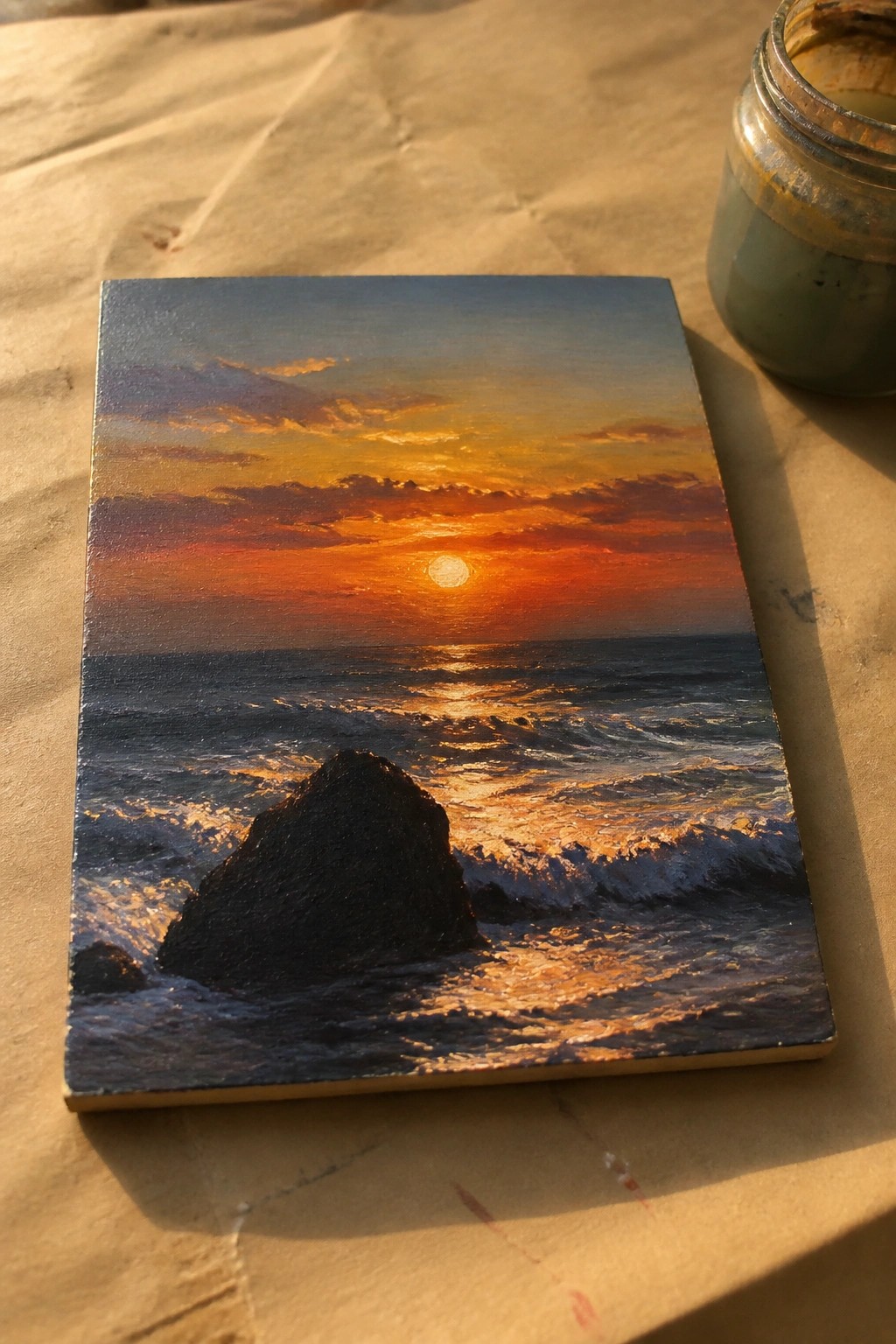 Small canvas painting of ocean sunset with waves around dark rock beside paint jar