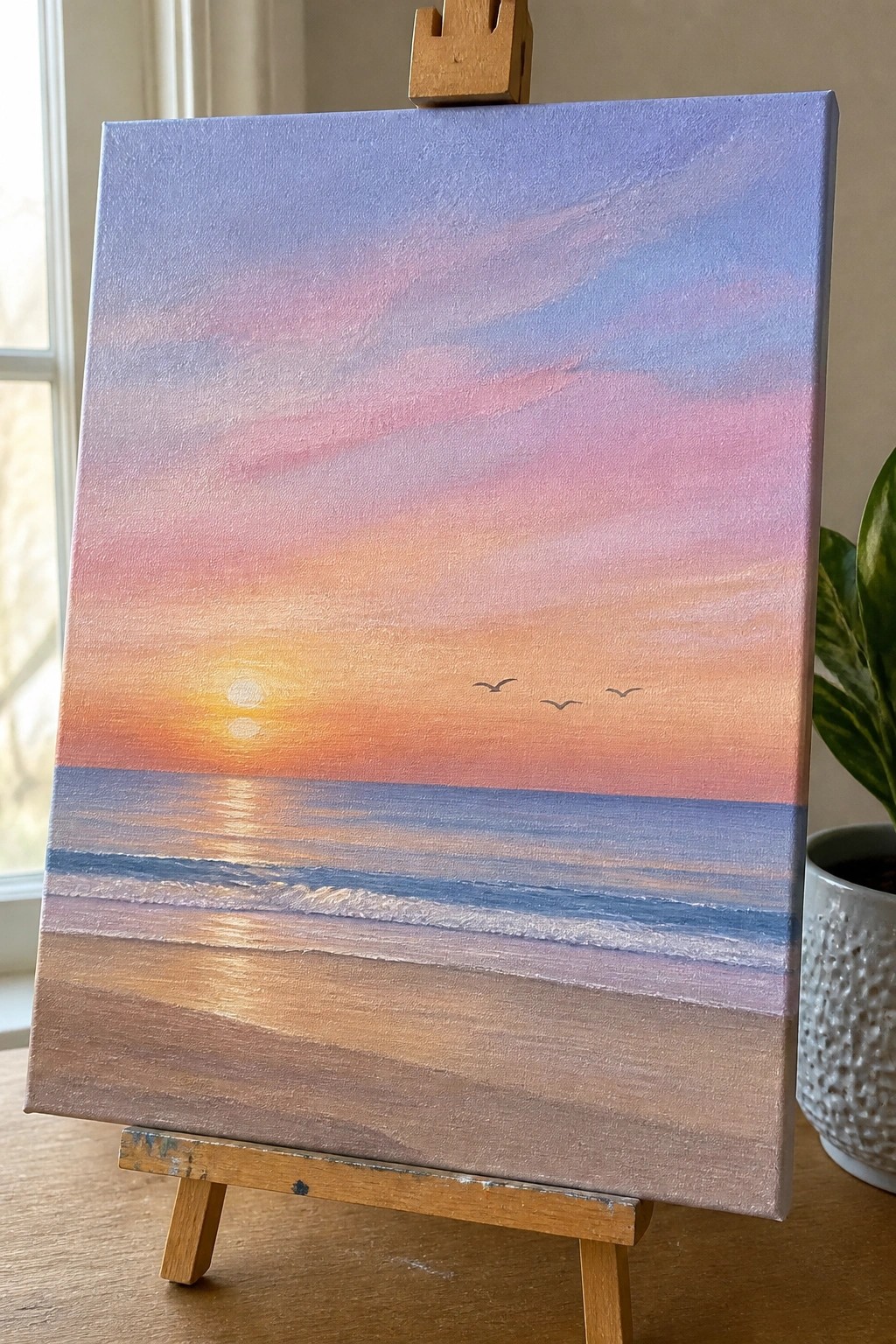 Beach sunset painting with glowing sun, waves, birds, and colorful sky on easel