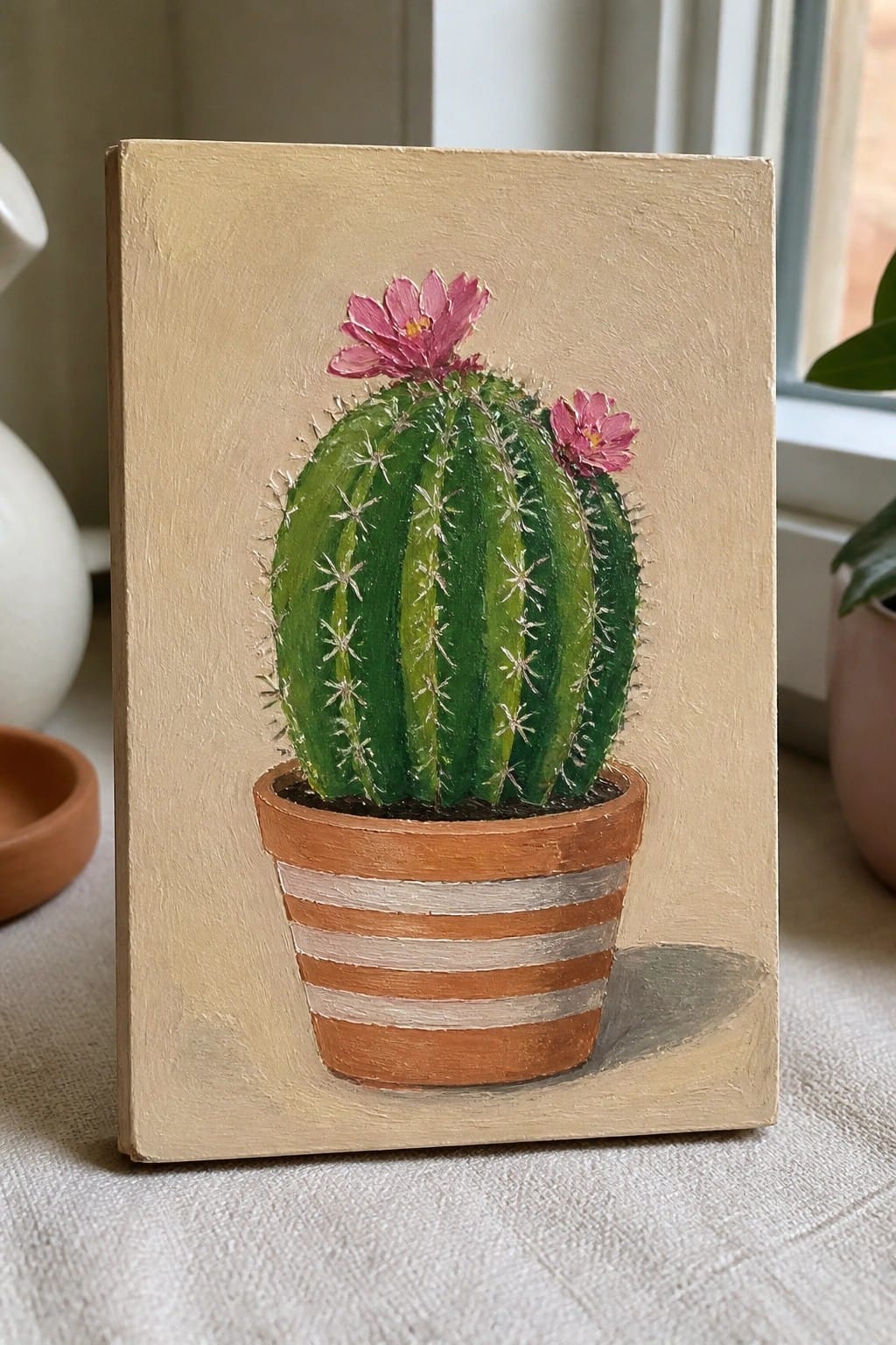 Green cactus with pink flowers in striped terracotta pot on beige canvas.