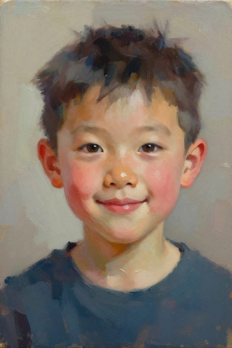Oil painting of smiling young boy with dark tousled hair, rosy cheeks, and blue shirt.