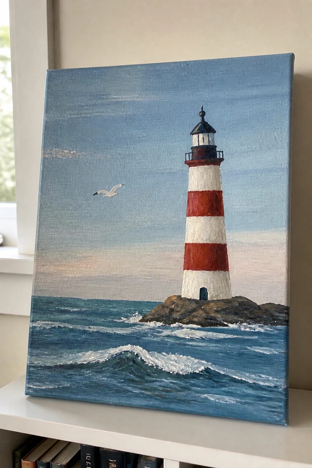 Striped red-and-white lighthouse on rocks amid blue ocean waves with seagull overhead.