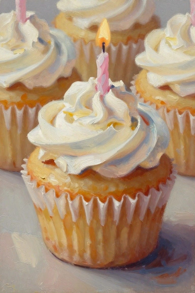 Oil painting of golden cupcake with swirled white frosting and lit pink candle.