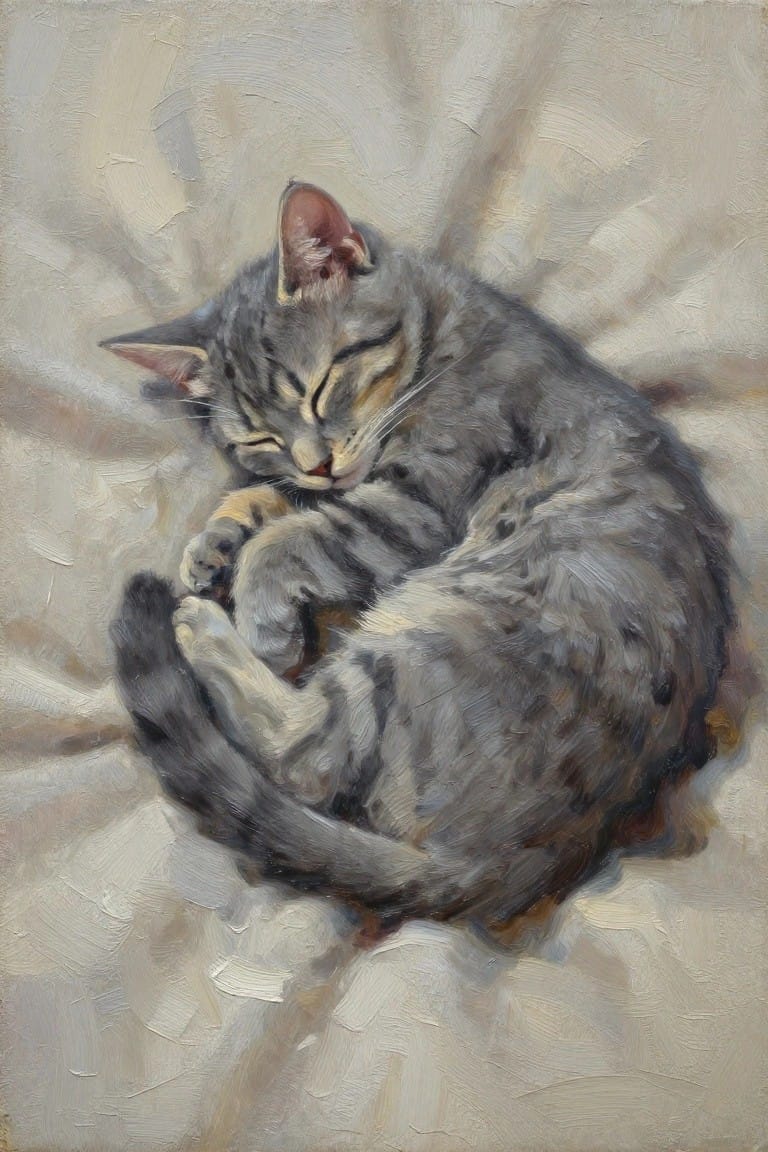 Sleeping gray tabby cat curled on light fabric in oil painting style