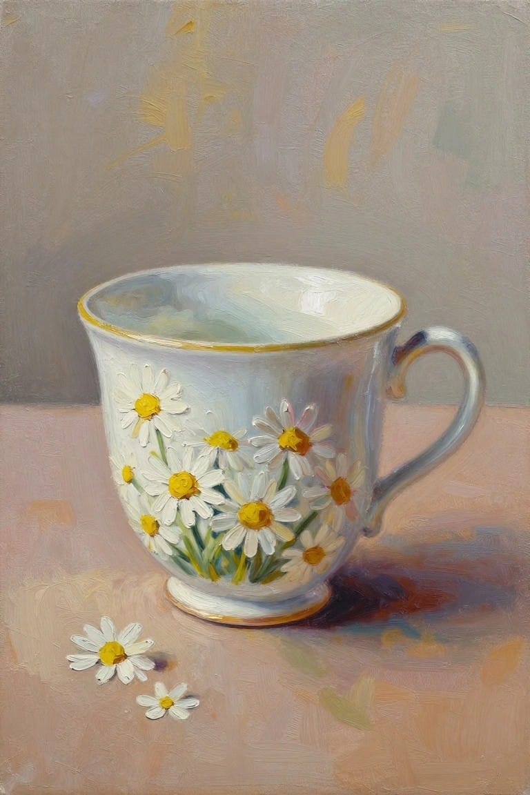 White teacup with daisies and gold rim on pink surface with loose flowers