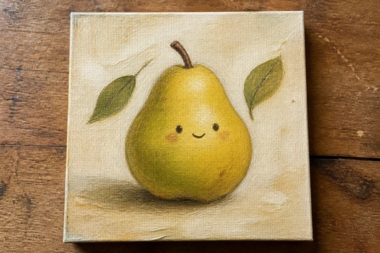 Yellow pear with smiling face and pink cheeks on canvas beside green leaves.