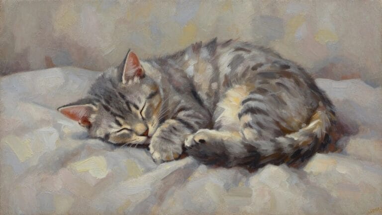 23 Easy Cute Oil Painting Ideas That Build Confidence for Beginners Sleeping gray tabby cat curled on light fabric in oil painting style