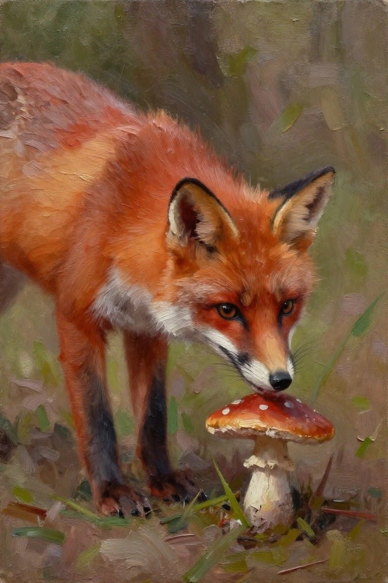 A realistic oil painting of a red fox leaning down to sniff a red and white spotted mushroom on the forest floor.