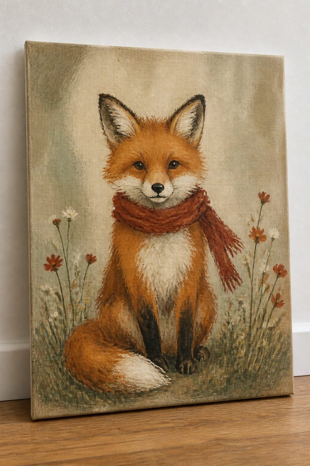 Orange fox in red scarf sits among wildflowers on canvas painting