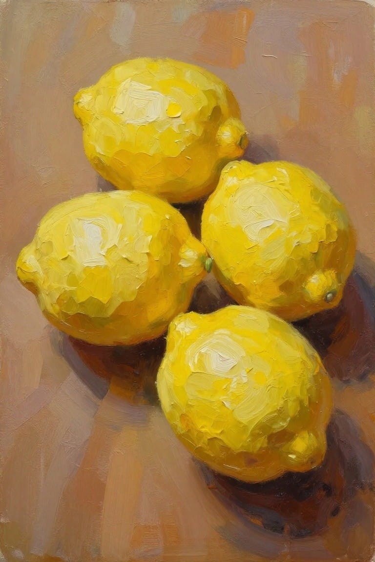 Four yellow lemons with thick brushstrokes on a muted brown surface.