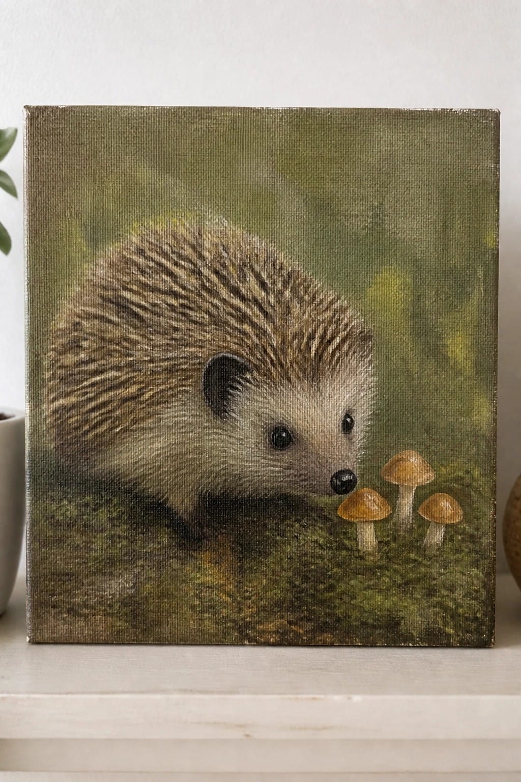 Hedgehog painting shows the animal peering at three small mushrooms on mossy ground