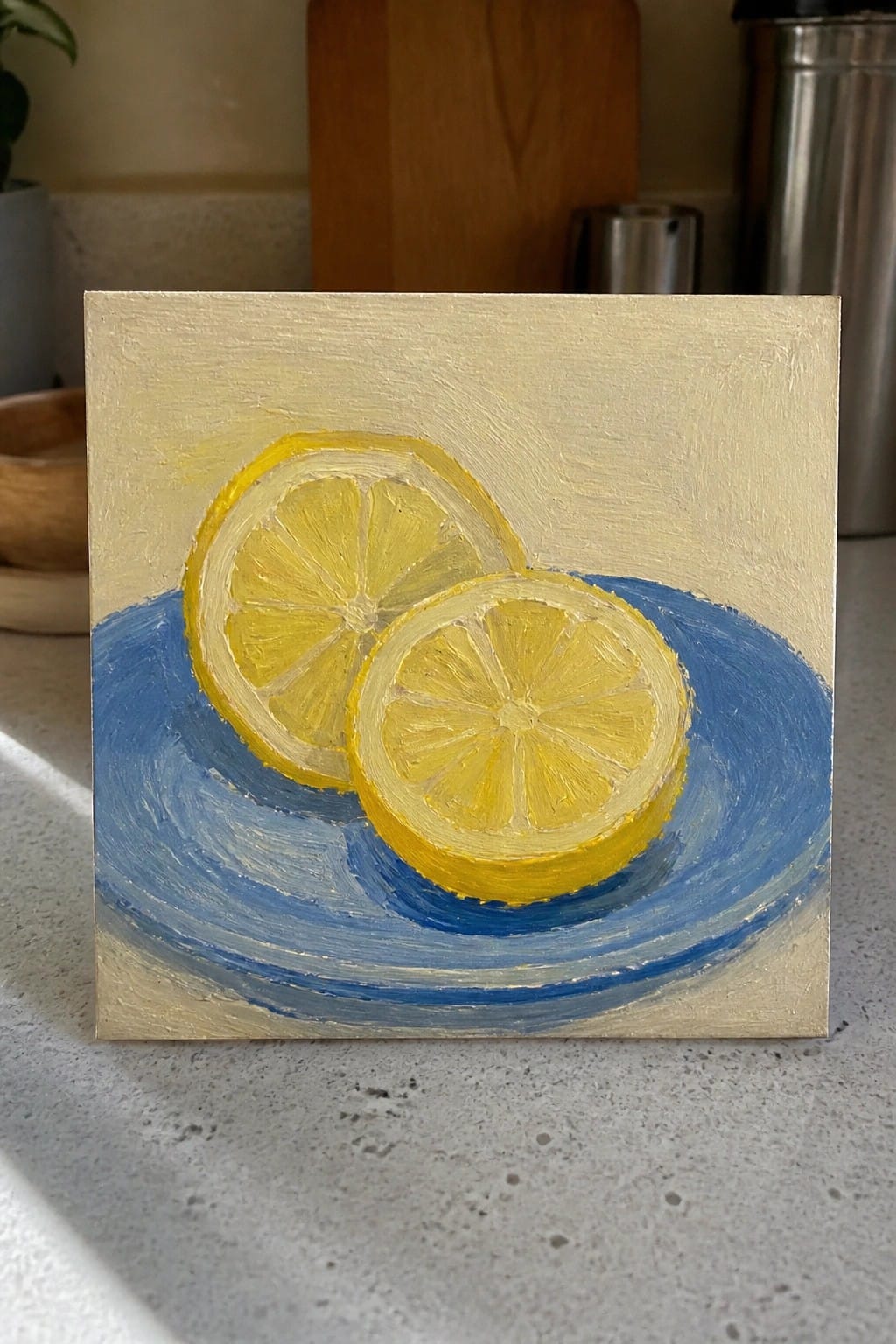 Two yellow lemon slices on a blue plate with visible brushstrokes.