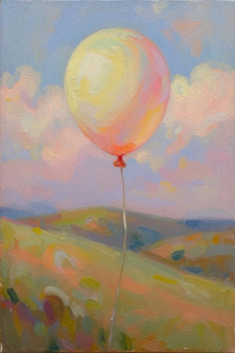 Pink and yellow balloon floating above colorful rolling hills under blue sky