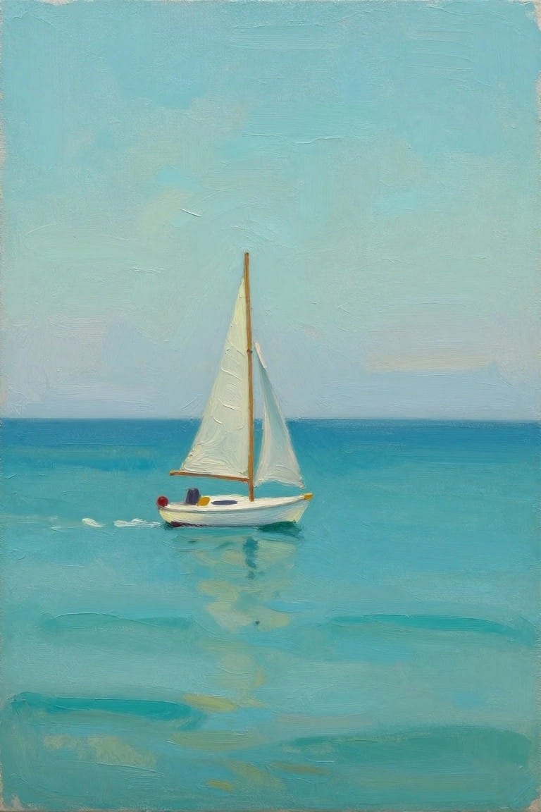 White sailboat with wooden mast on calm blue-green sea under pale sky