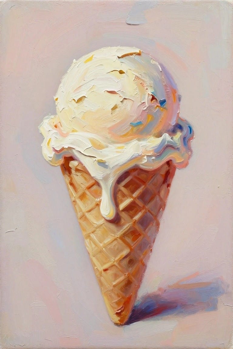 Melting vanilla ice cream with colorful swirls in a waffle cone on pink.