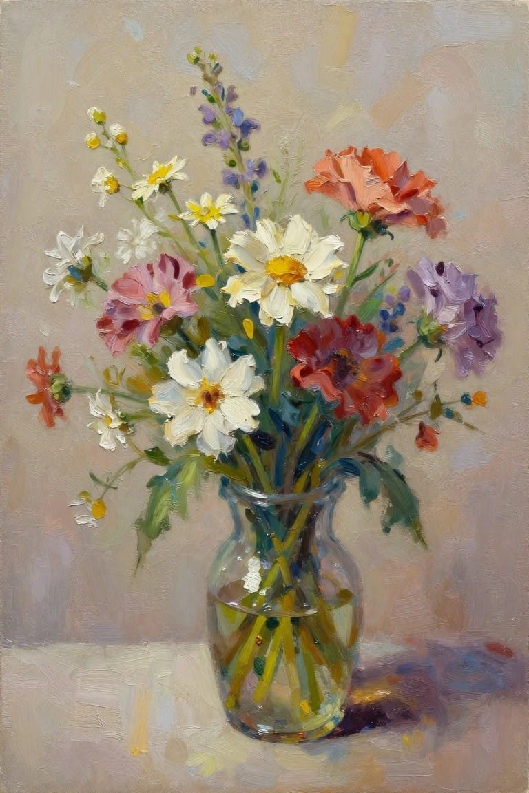 Vibrant bouquet of colorful daisies and blooms in a glass vase with water