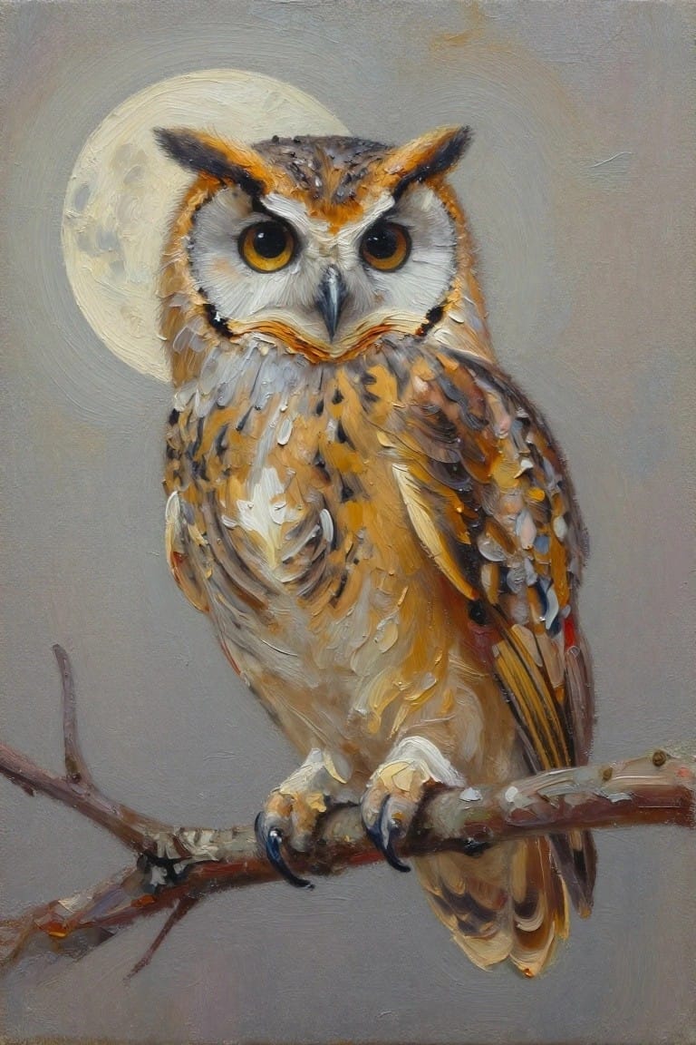 An oil painting of a brown and white owl with large yellow eyes sitting on a thin branch in front of a full moon.
