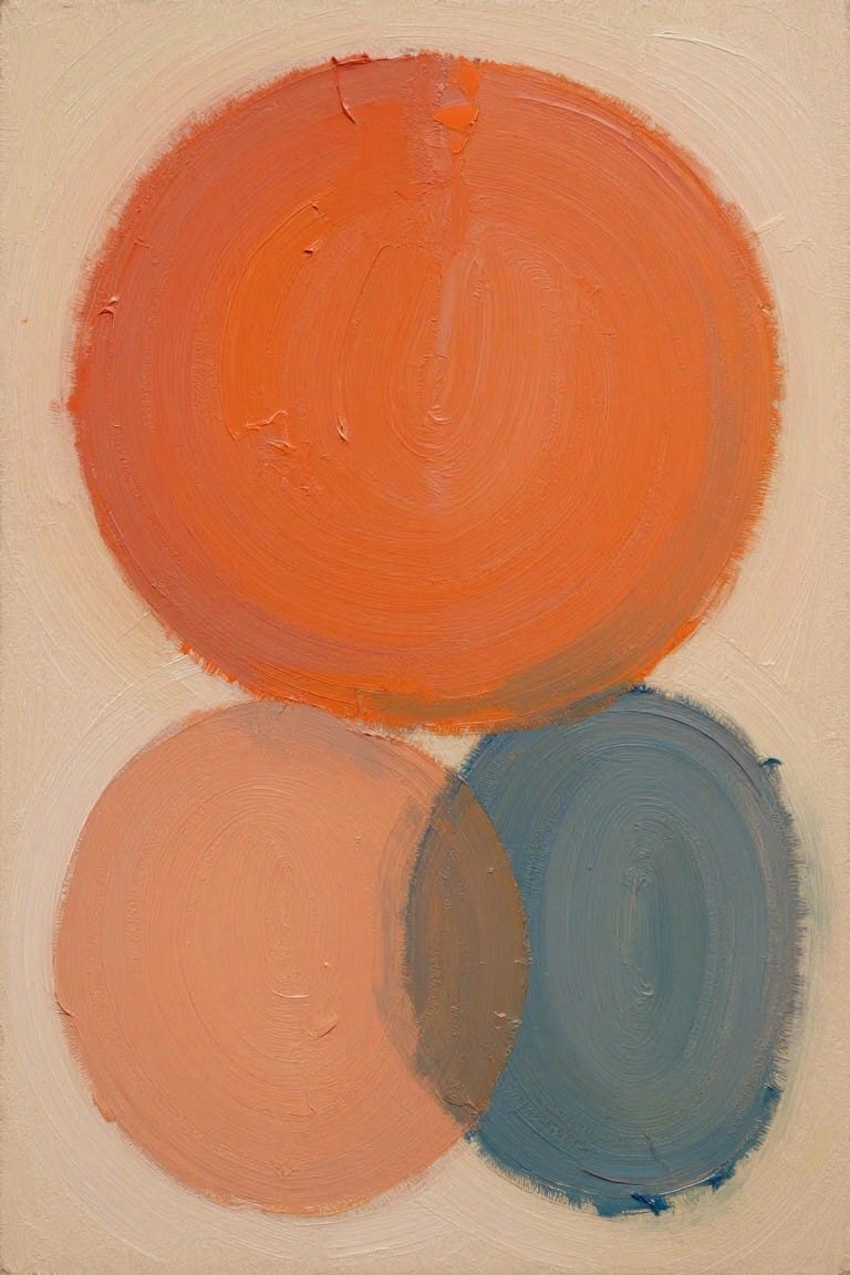 Abstract painting of overlapping circles in orange, peach, blue, and brown.