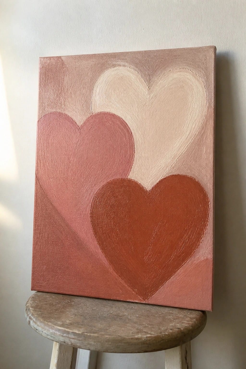 Three overlapping hearts in pink and terracotta shades on canvas atop wooden stool.