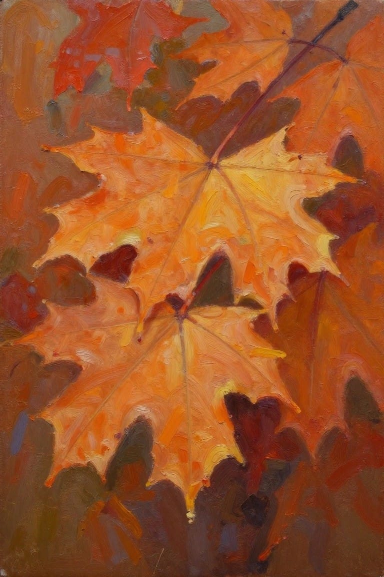 An oil painting of overlapping orange and yellow maple leaves with visible brushstrokes against a dark background.