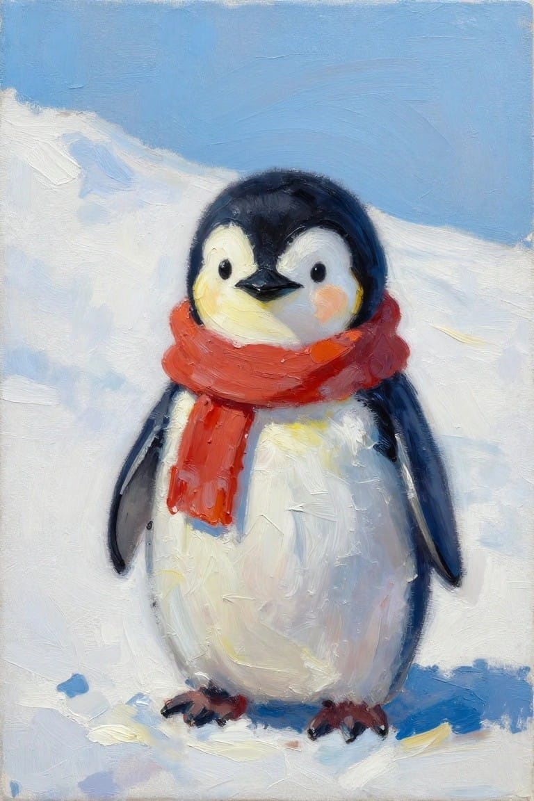 Penguin chick in red scarf on snowy ground under blue sky, oil painting style.
