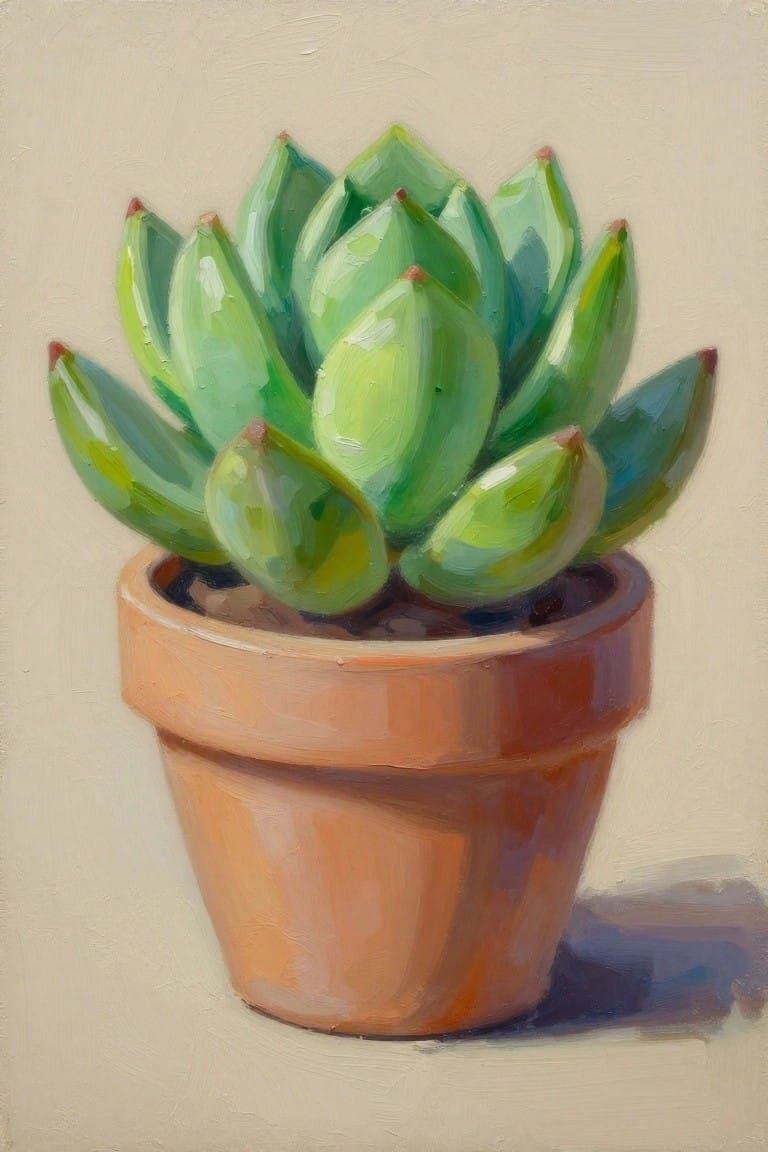 Green succulent with pointed leaves in terracotta pot, oil painting style.